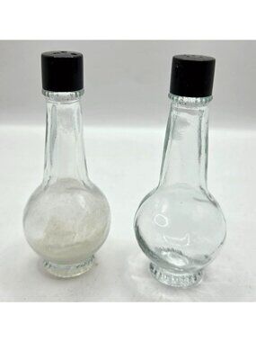 Vtg Glass Salt & Pepper Shakers Black Plastic Screw-On Lids Bulb-Shaped Potion
